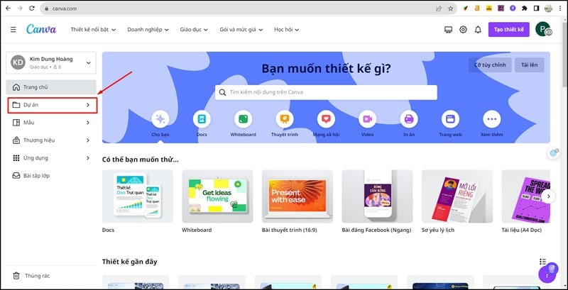Truy cập vào Canva trên trình duyệt web. Sau đó Click chuột vào tab Dự án Truy cập vào Canva trên trình duyệt web. Sau đó Click chuột vào tab Dự án
