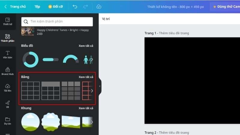 Lăn chuột xuống mục Bảng