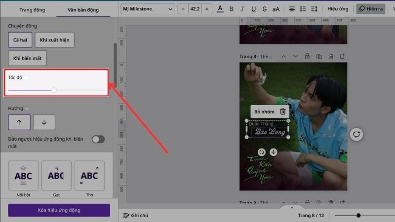 Bước 3:&nbsp;Sau khi chọn hiệu ứng chuyển động, bạn di chuột xuống phần Tốc độ, thực hiện điều chỉnh tốc độ hiệu ứng