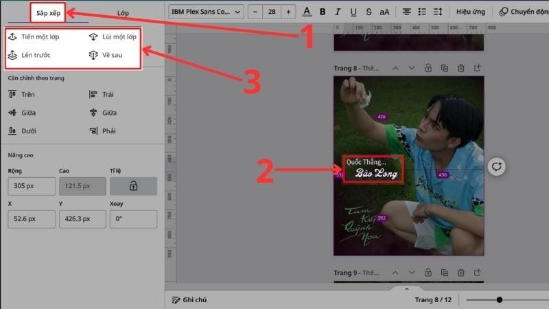 Bước 2:&nbsp;Chọn&nbsp;Sắp xếp, bạn chọn chi tiết tr&ecirc;n thiết kế m&agrave; bạn muốn thay đổi thứ tự vị tr&iacute;, sau đ&oacute; chọn&nbsp;Tiến một bước,&nbsp;L&ugrave;i một bước, Về sau hoặc&nbsp;L&ecirc;n trước&nbsp;t&ugrave;y theo &yacute; định sắp xếp của bạn