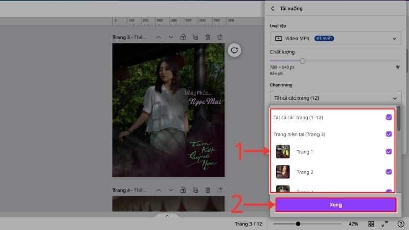 Chọn c&aacute;c trang thiết kế m&agrave; bạn muốn lưu, sau đ&oacute; ấn&nbsp;Xong