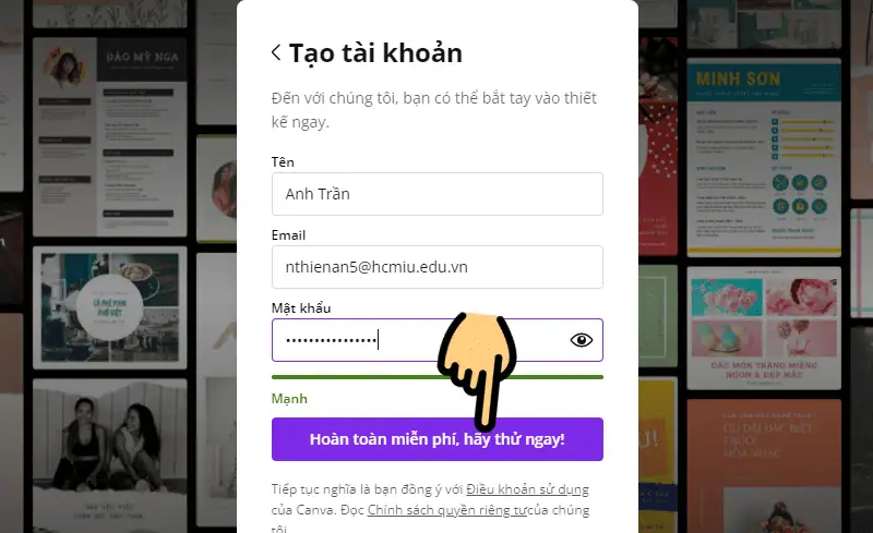 Điền t&ecirc;n, nhập email c&oacute; đu&ocirc;i edu, đặt mật khẩu