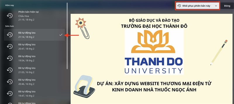 Kh&ocirc;i phục phi&ecirc;n bản n&agrave;y
