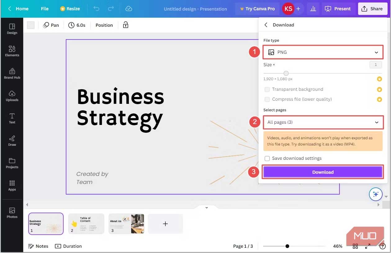 Chọn định dạng PNG