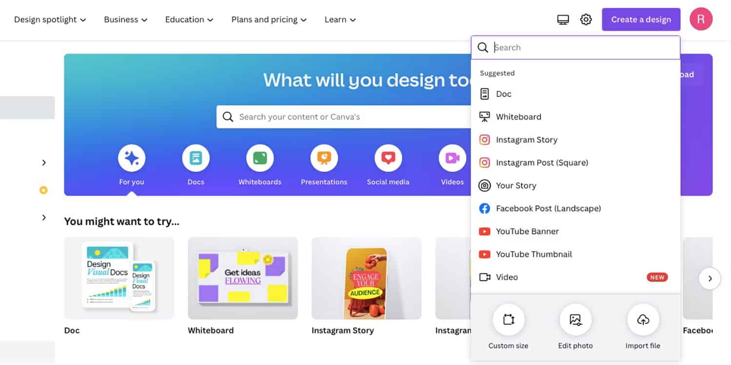 Cách tạo và xuất bản template của riêng bạn trên Canva 3 Menu drop-down Canva cho kích thước