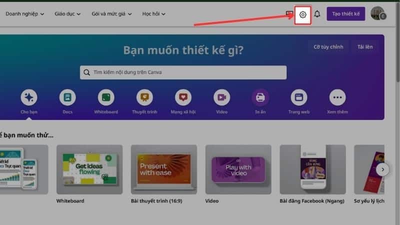 Hướng dẫn xoá tài khoản Canva 2 Chọn biểu tượng bánh răng để vào cài đặt