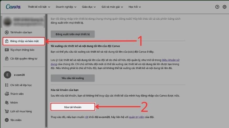 Hướng dẫn xoá tài khoản Canva 3 Chọn vào mục Đăng nhập và bảo mật, sau đó bạn ấn vào Xóa tài khoản