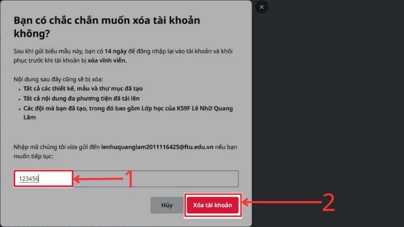 Hướng dẫn xoá tài khoản Canva 4 Nhập mã xác nhận, sau đó chọn Xóa tài khoản