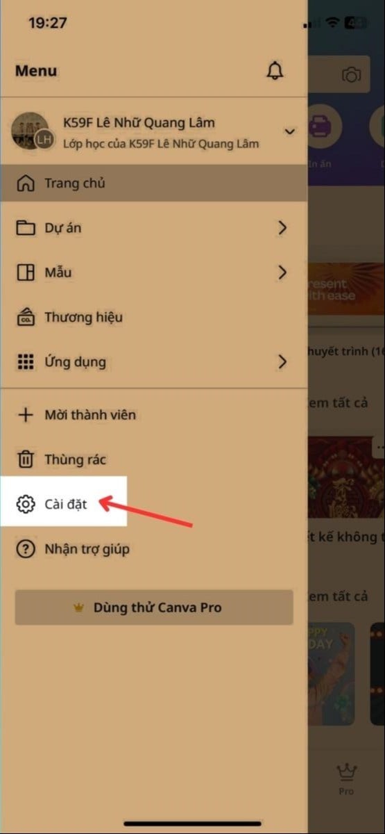 Hướng dẫn xoá tài khoản Canva 6 Chọn Cài đặt