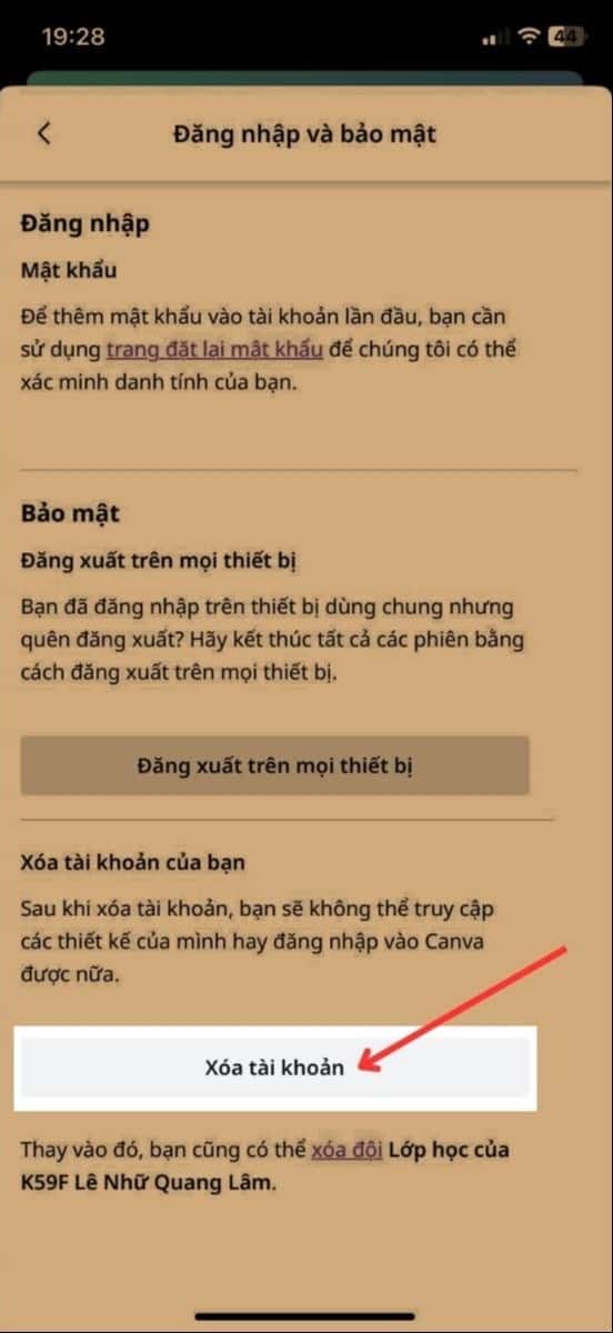 Hướng dẫn xoá tài khoản Canva 8 Chọn Xóa tài khoản