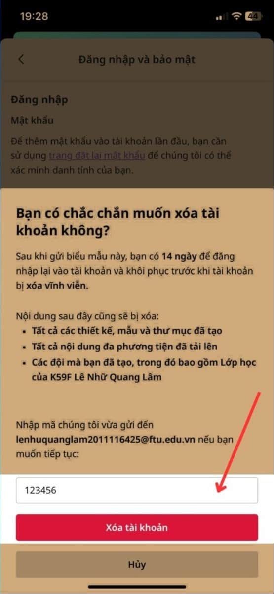 Hướng dẫn xoá tài khoản Canva 9 Nhập mã xác nhận, sau đó click Xóa tài khoản