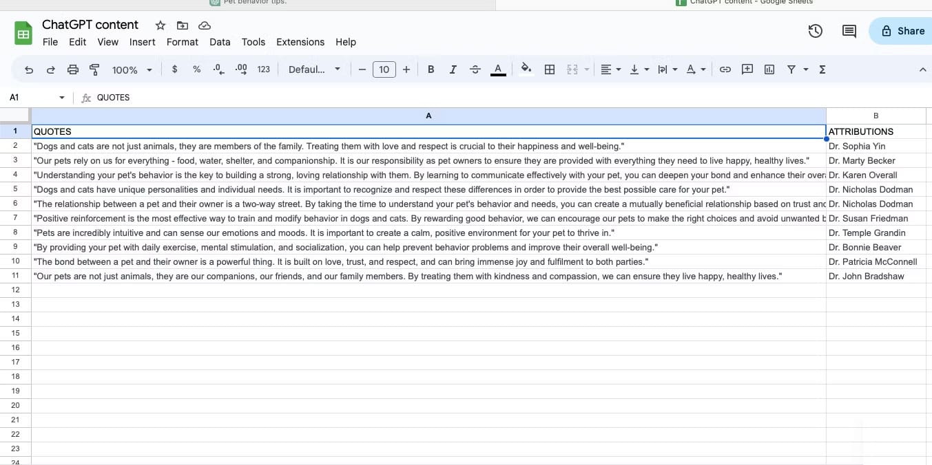 Google Sheets c&oacute; nh&atilde;n Quotes v&agrave; Attributions