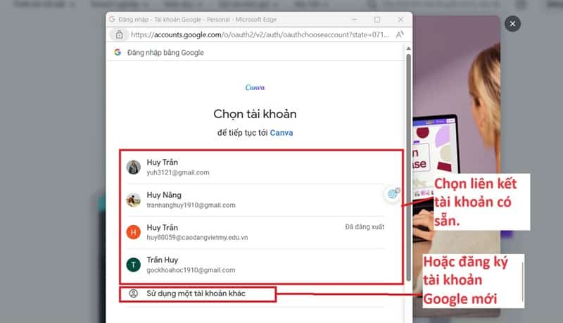 Chọn tài khoản Google có sẵn hoặc tạo tài khoản mới. Chọn tài khoản Google có sẵn hoặc tạo tài khoản mới.