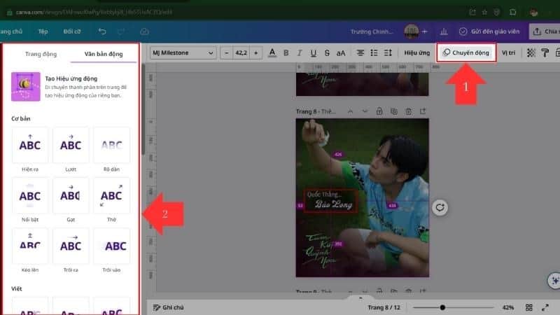 Hướng dẫn cách chỉnh thứ tự xuất hiện trong Canva siêu logic và cực kỳ đơn giản 15 Bước 2: Chọn Chuyển động, sau đó chọn hiệu ứng chuyển động tùy theo ý thích của bạn
