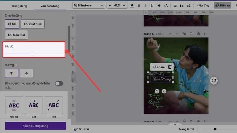 Hướng dẫn cách chỉnh thứ tự xuất hiện trong Canva siêu logic và cực kỳ đơn giản 16 Bước 3: Sau khi chọn hiệu ứng chuyển động, bạn di chuột xuống phần Tốc độ, thực hiện điều chỉnh tốc độ hiệu ứng