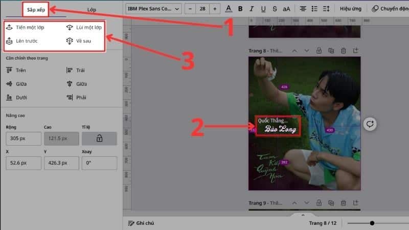Hướng dẫn cách chỉnh thứ tự xuất hiện trong Canva siêu logic và cực kỳ đơn giản 9 Bước 2: Chọn Sắp xếp, bạn chọn chi tiết trên thiết kế mà bạn muốn thay đổi thứ tự vị trí, sau đó chọn Tiến một bước, Lùi một bước, Về sau hoặc Lên trước tùy theo ý định sắp xếp của bạn