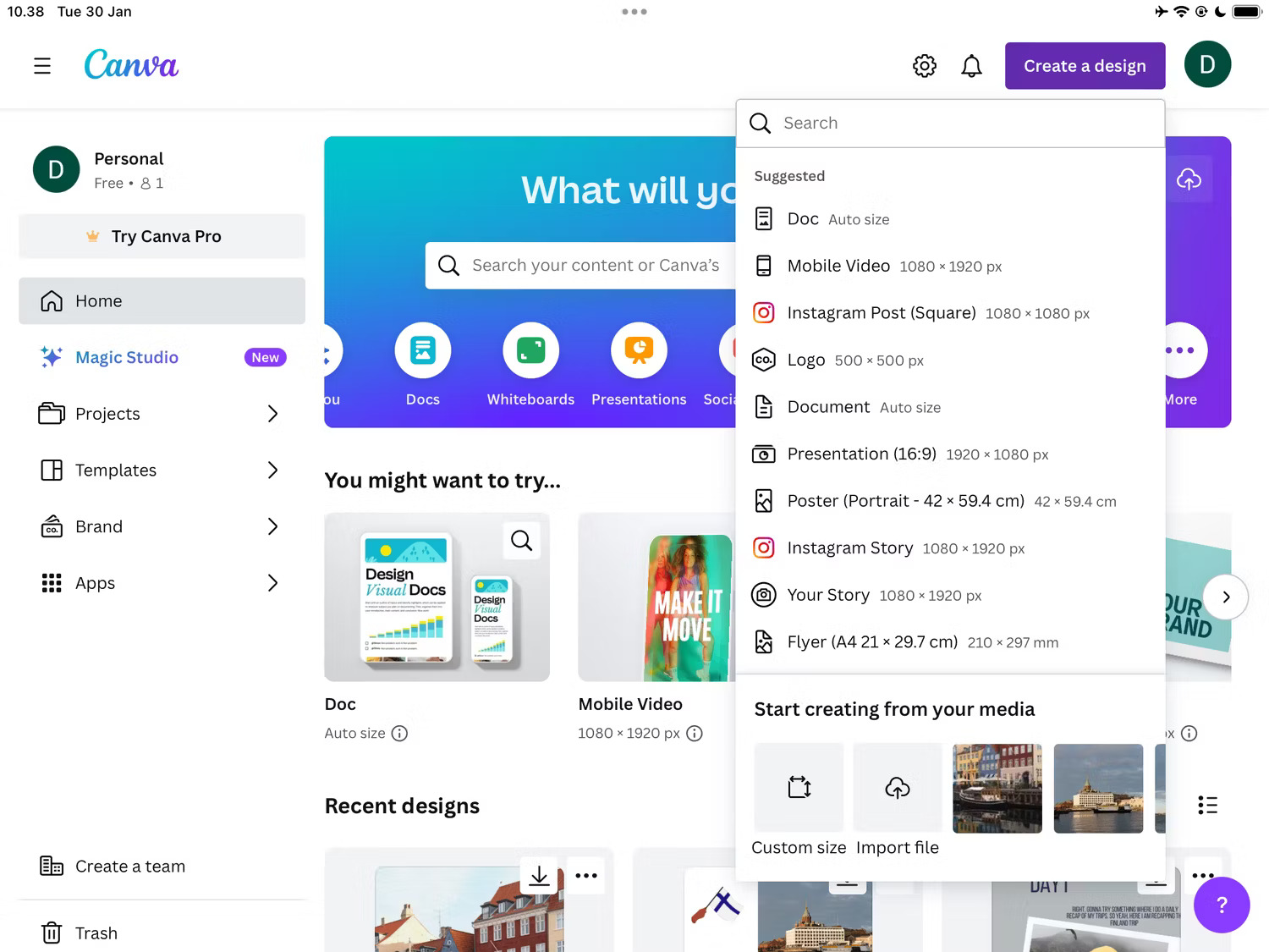 Chọn k&iacute;ch thước t&ugrave;y chỉnh trong ứng dụng Canva iPad th&ocirc;ng qua Create a design