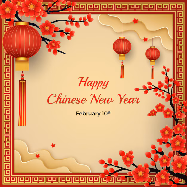 Chinese new year template with lanterns and flower frame vector