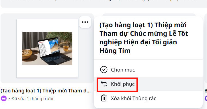 Kh&ocirc;i phục dự &aacute;n trong Canva 